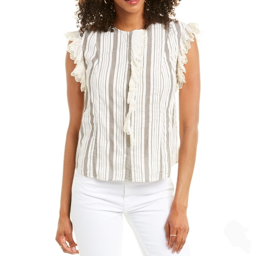 Rebecca Taylor Blouse Striped Eyelet Ruffle Trim Short Sleeve Cream Grey L NWOT